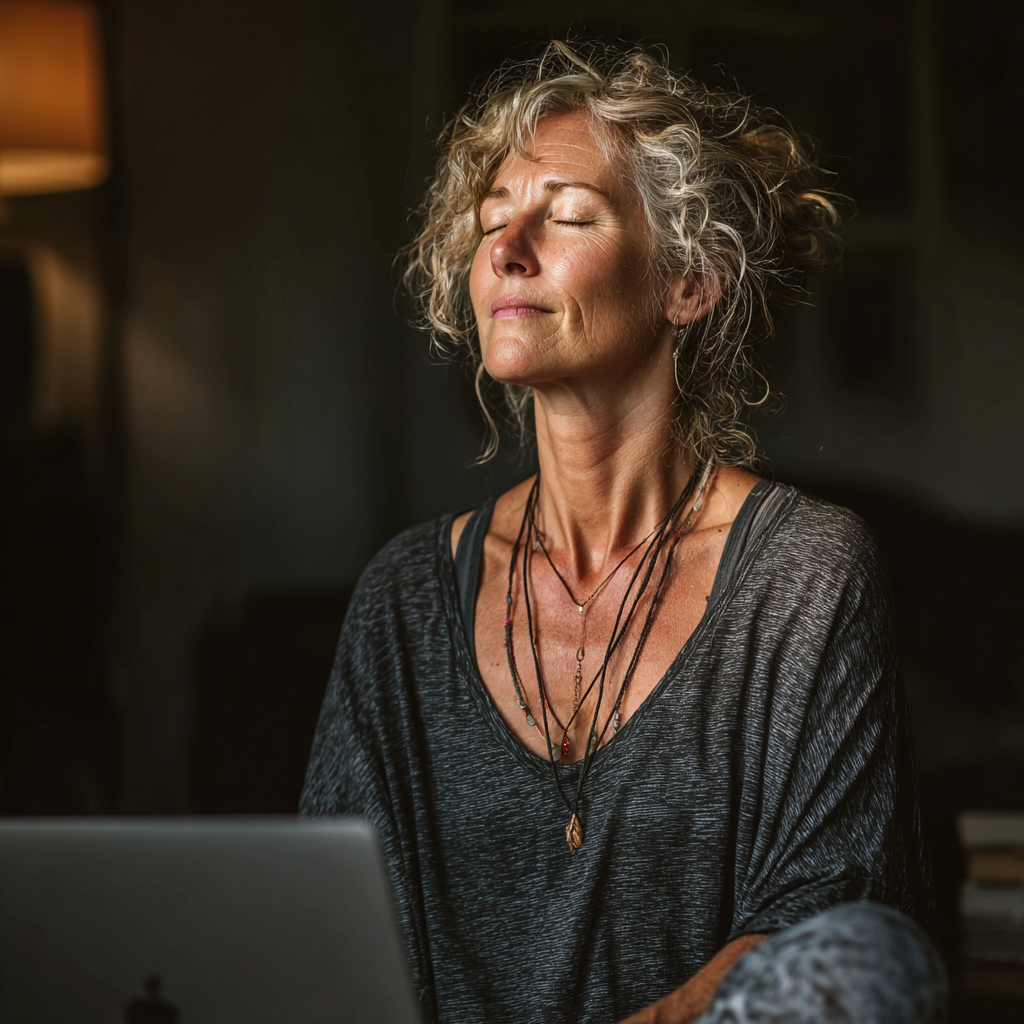 Mujer de 52 años practicando yoga frente a una computadora en su sala de estar, siguiendo una clase online con expresión concentrada