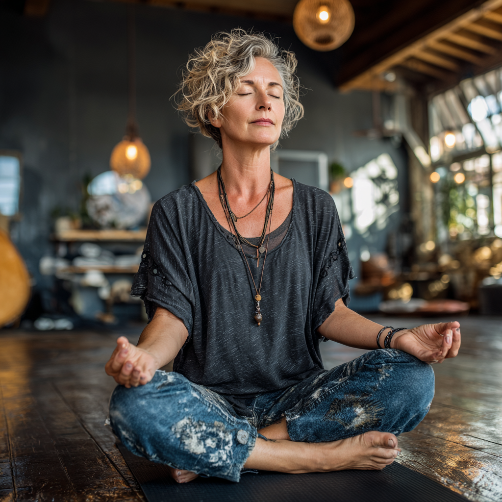 Mujer de 55 años practicando yoga en posición de loto, con expresión serena y vestimenta cómoda en estudio luminoso