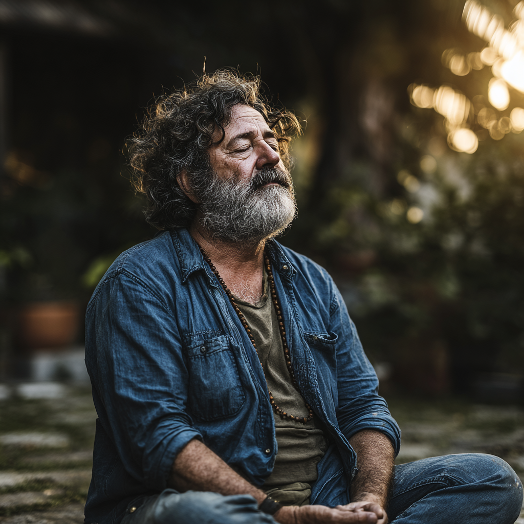 Hombre de 60 años meditando en posición sentada en un jardín tranquilo, expresando paz y serenidad